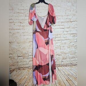 ASOS DESIGN Curve puff sleeve gathered front maxi dress in abstract print Sz 16